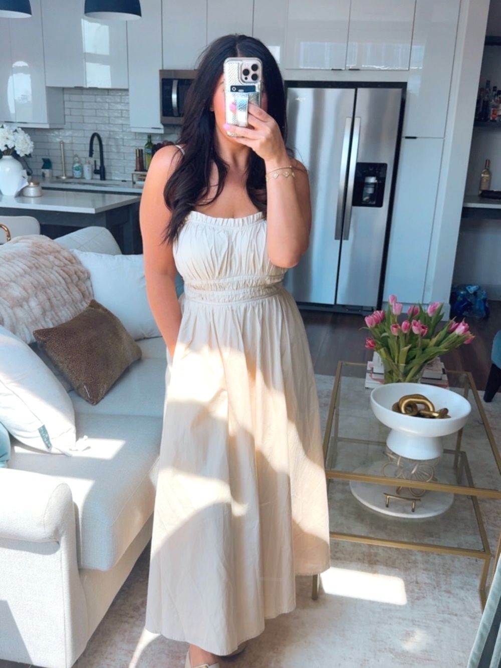 Flying Tomato Cream Smocked Waist Maxi Dress
